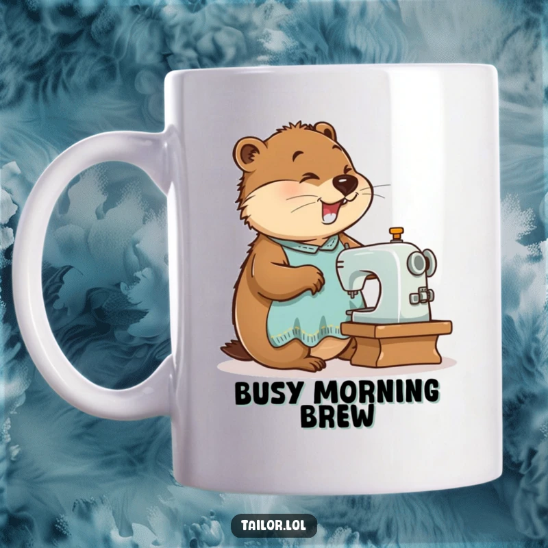 Funny busy beaver tailor enthusiastically operating a tiny sewing machine on a mug, celebrating hard work and humor.