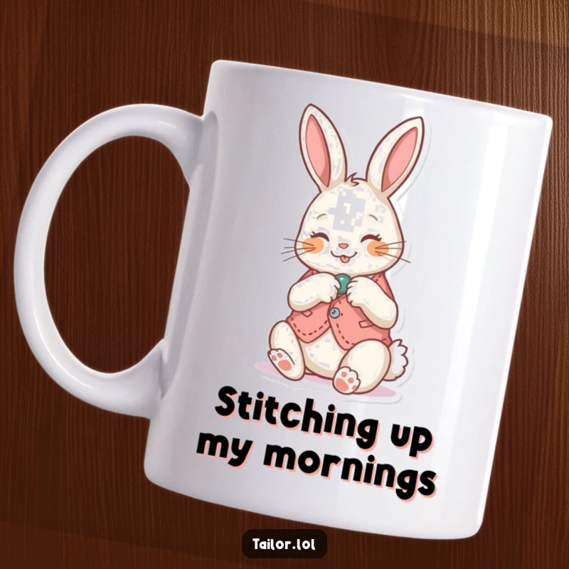Funny Mug: Happy bunny sewing a button onto a miniature vest, showcasing meticulous crafting skills and a cheerful disposition.