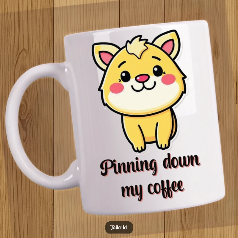 Funny determined sewer mug, a cheerful animal character firmly pinning fabric with a focused yet happy expression.