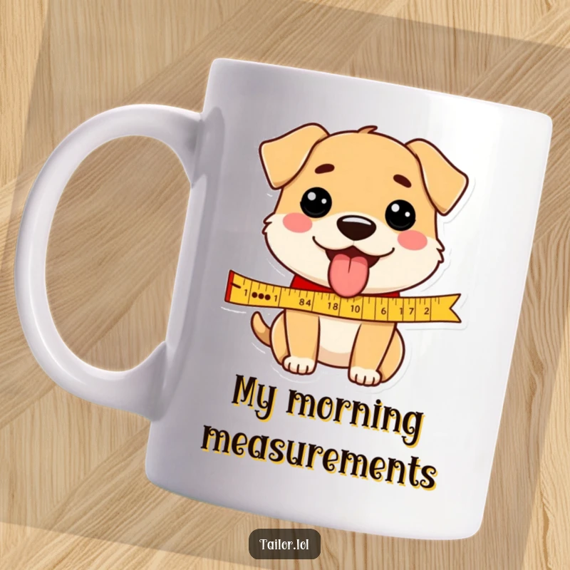 Funny dog mug with a happy dog character tongue out, measuring a ribbon, conveying pure, silly joy and humor.