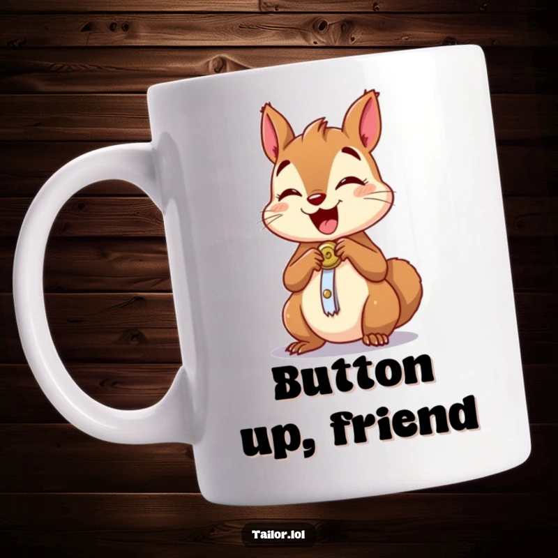 Funny mug with an excited squirrel character skillfully sewing a tiny button onto a small garment, a great gift.