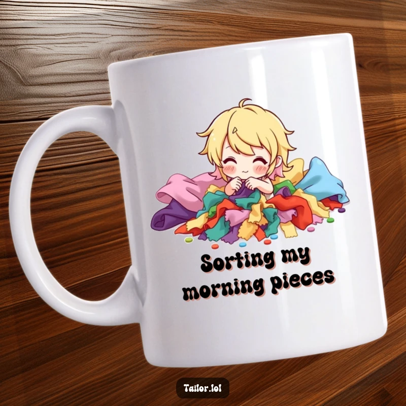 Funny mug showing a happy character sorting a pile of colorful fabric scraps, perfect for sewers and quilters. A humorous gift.