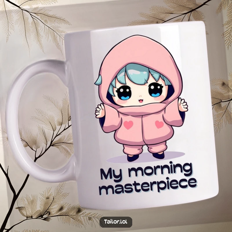 Funny mug with a character proudly displaying a brightly colored, bizarrely shaped garment with a confident, humorous expression.