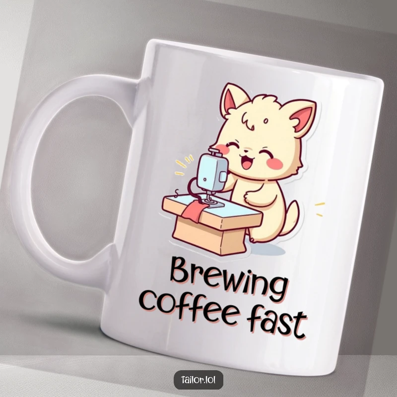 Funny fast sewer mug, a joyful animal operating a sewing machine at incredible speed, celebrating crafting efficiency.