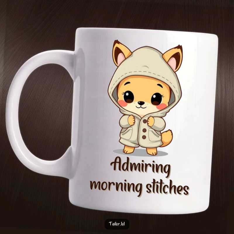Funny animal mug, a curious creature looking with wide eyes at a beautifully stitched, oversized garment, showing admiration.