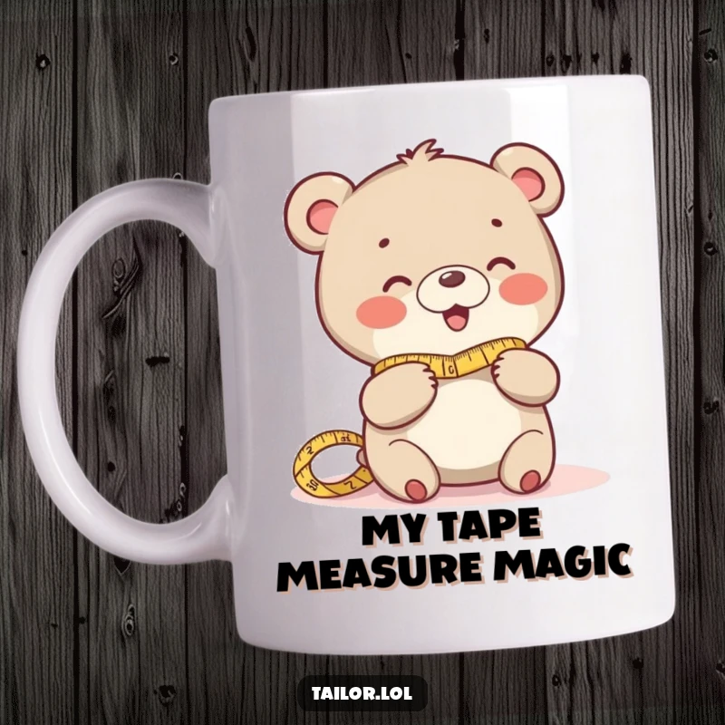 Funny mug with a giggling bear character using a measuring tape to measure fabric, perfect for a sewing enthusiast gift.