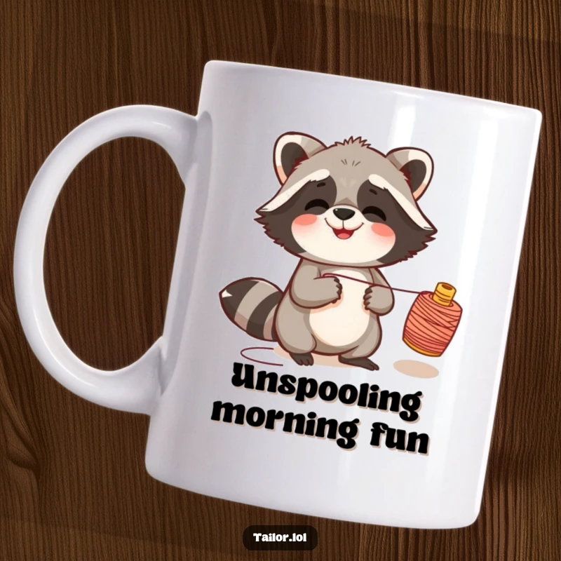 Funny giggling raccoon mug with a raccoon pulling a thread spool, radiating pure, unadulterated mischief and joy.