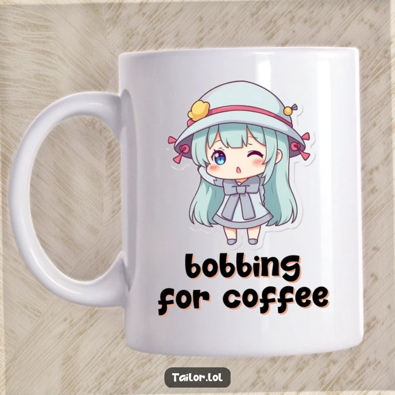 Funny mug of a character playfully trying on a hat covered in sewing bobbins, showcasing quirky fashion sense.