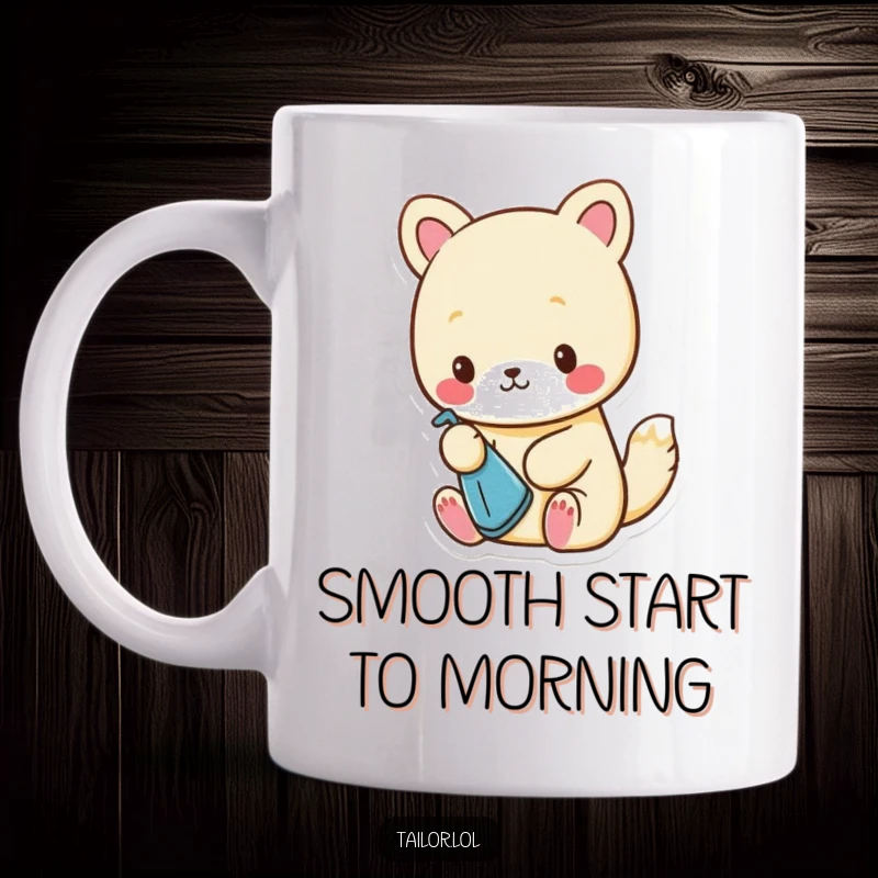 Funny Mug: Cute animal character carefully ironing a very small piece of cloth with a miniature iron, looking focused.