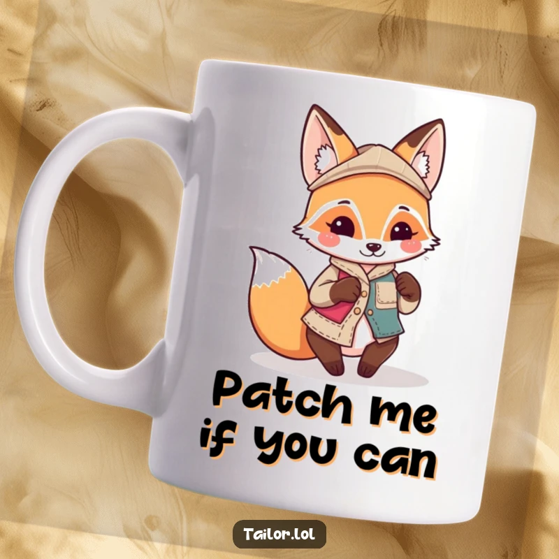 Funny Kawaii fox tailor character playfully sewing a quirky, mismatched patch onto fabric, ideal for sewers, funny gift.