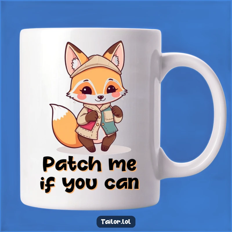 Funny Kawaii Fox Tailor Mug: Playful Character Sewing Mismatched Patch, Perfect Gift