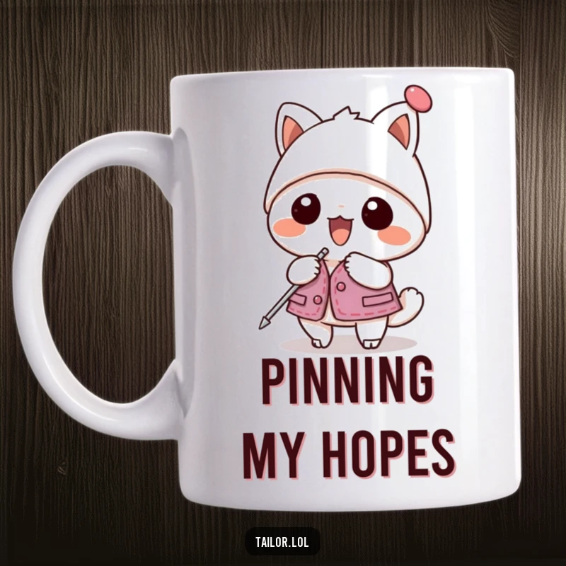 Funny mug with a kawaii animal character enthusiastically pinning a garment with a giant hatpin, celebrating sewing.