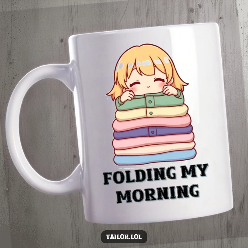 Funny mug of a proud character adjusting a neat pile of folded garments, showing satisfaction in organization.