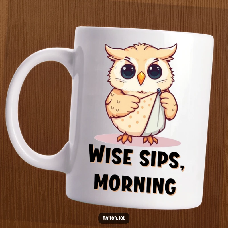 Funny Mug: Curious owl carefully pinning a sewing pattern onto fabric, embodying wisdom and attention to detail.