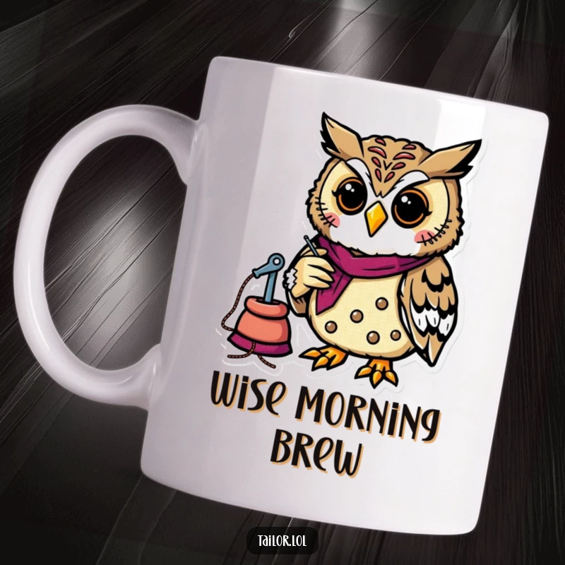 Funny cheerful owl tailor meticulously stitching a colorful patch, focused expression on a mug, ideal for sewing enthusiasts.