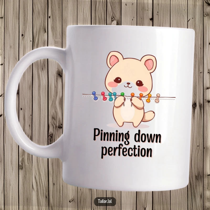 Funny Pinning Animal Mug: A cute animal character happily pinning fabric with colorful pins. Great for crafters and meticulous individuals.