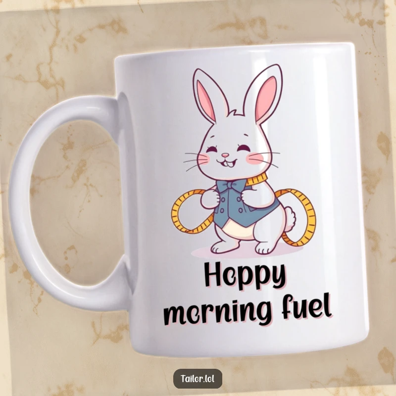 Funny joyful rabbit tailor hopping with a measuring tape around its neck on a mug, celebrating creativity and precision.