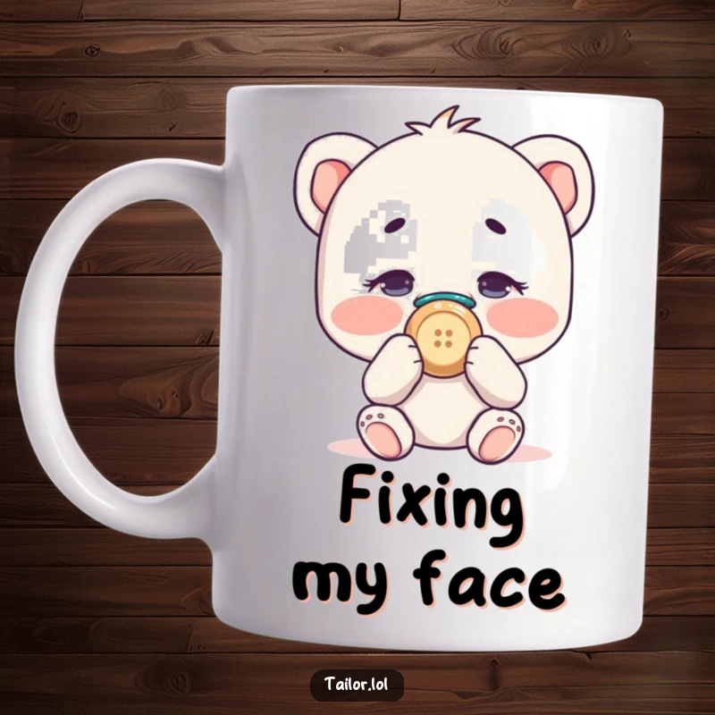 Funny character comically pretending to sew a button onto their own nose, a hilarious and absurd mug.