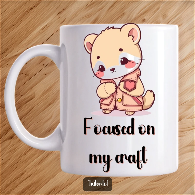 Funny Sewing Animal Mug: A cute animal character intently sewing a patch onto a miniature jacket. Great for hobbyists and crafters.