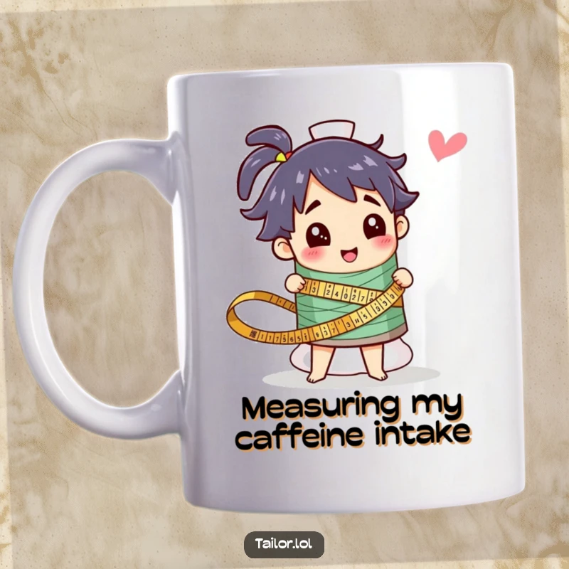 Funny mug showing a happy character measuring a huge spool of colorful thread, perfect for sewing lovers. A humorous gift celebrating crafting.