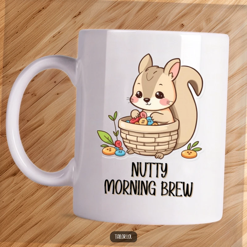 Funny playful squirrel character collecting shiny buttons in a basket, a cute and quirky mug design.