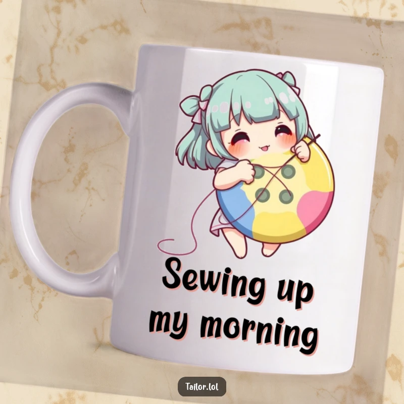 Funny character delightedly stitching a large, colorful button with needle and thread, on a mug.