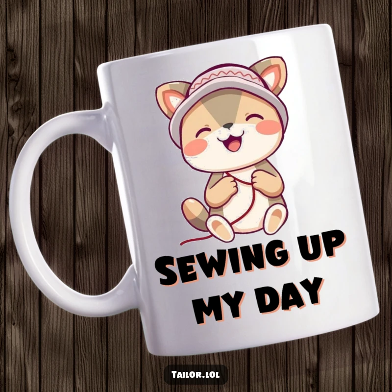 Funny animal mug, a joyful creature wearing a thimble as a hat, happily stitching with focused delight and creative flair.