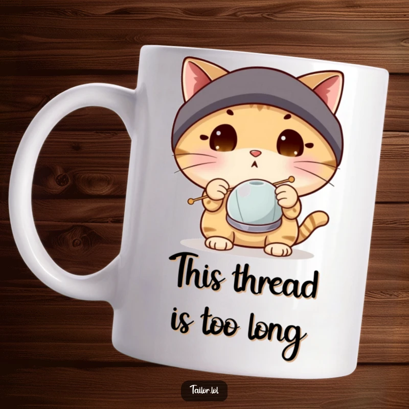 Funny surprised cat wearing a thimble, inspecting a huge needle on a mug, hilariously relatable for crafters and cat fans.