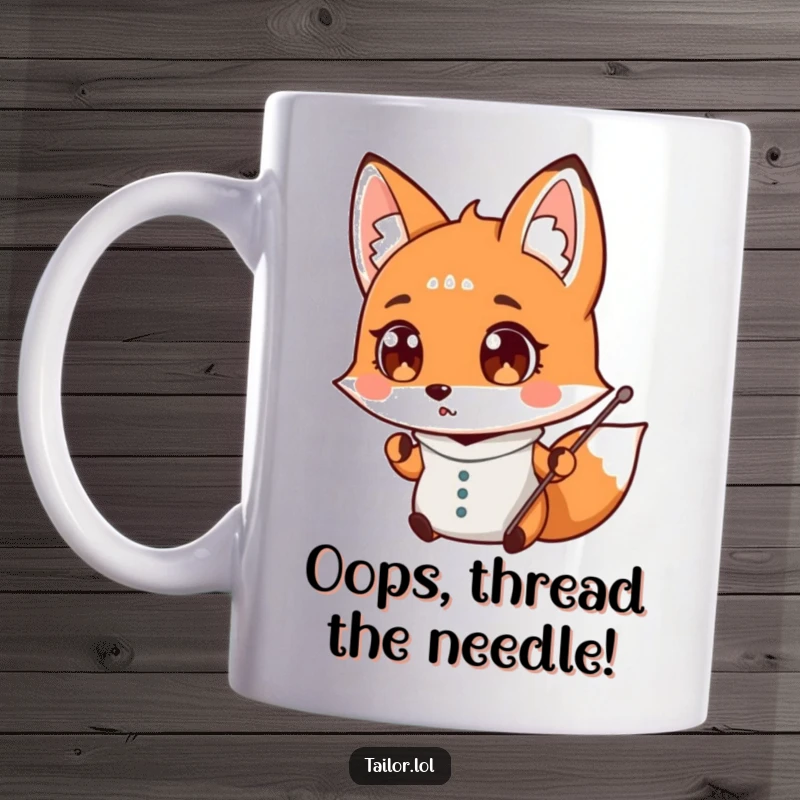 Funny surprised fox tailor dropping a needle in shock, wide-eyed, sewing mishap design for crafters, perfect funny gift.