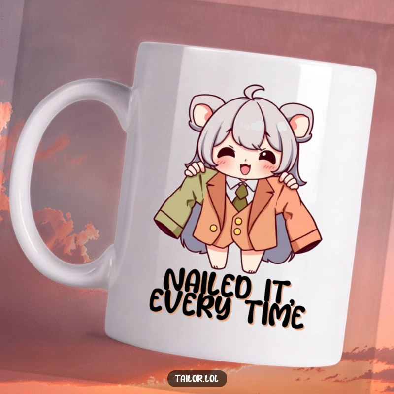 Funny tailor mug featuring a beaming character proudly holding a perfectly tailored garment, showcasing their sewing skill and passion.