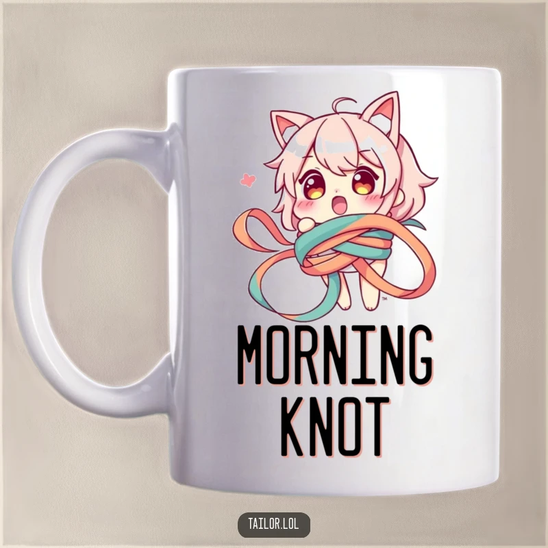 Funny mug featuring a surprised character comically entangled in a long, colorful ribbon, depicting a moment of playful mishap.