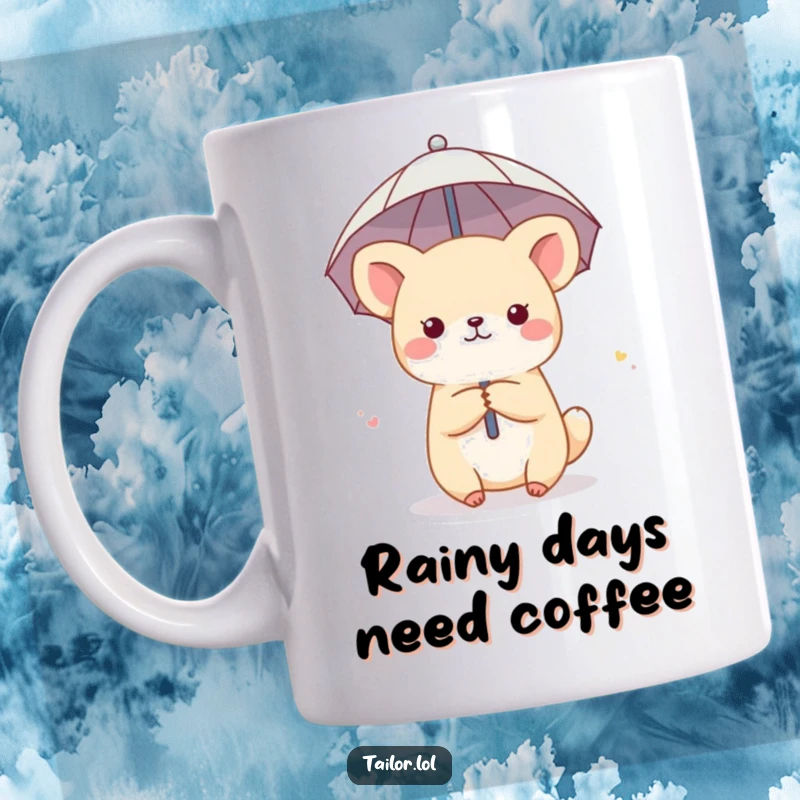 Funny mug featuring a cute animal character sheltering under a thimble used as a tiny umbrella, perfect for rainy day humor.