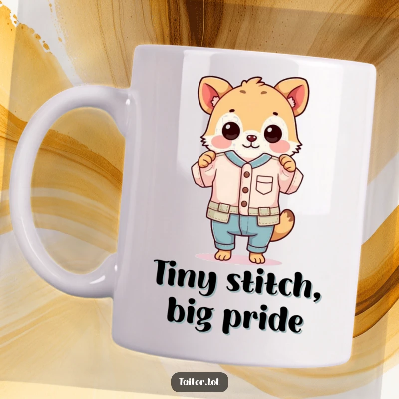 Funny mug featuring an animal proudly displaying a ridiculously small, perfectly sewn garment, celebrating crafting skill.