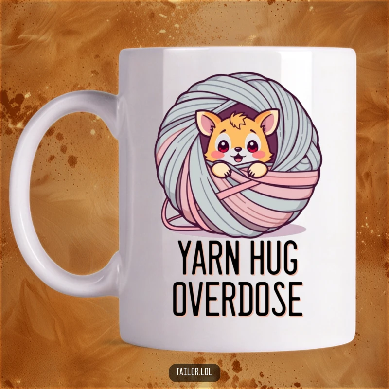 Funny animal mug, a surprised creature hilariously tangled in a massive ball of yarn, looking adorably confused and overwhelmed.