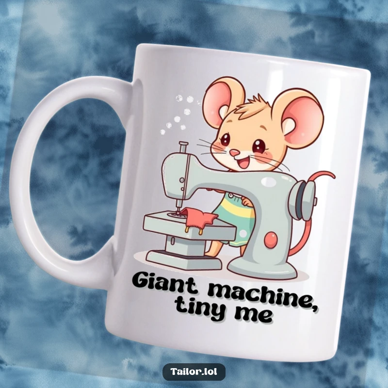 Funny Kawaii mouse tailor character joyfully operating an oversized sewing machine, a humorous gift for craft lovers.