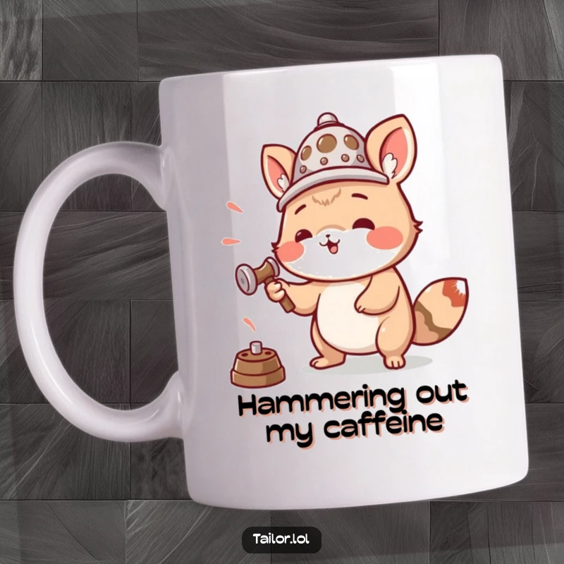 Funny mug with an animal wearing a thimble as a hat, enthusiastically hammering, celebrating DIY spirit.