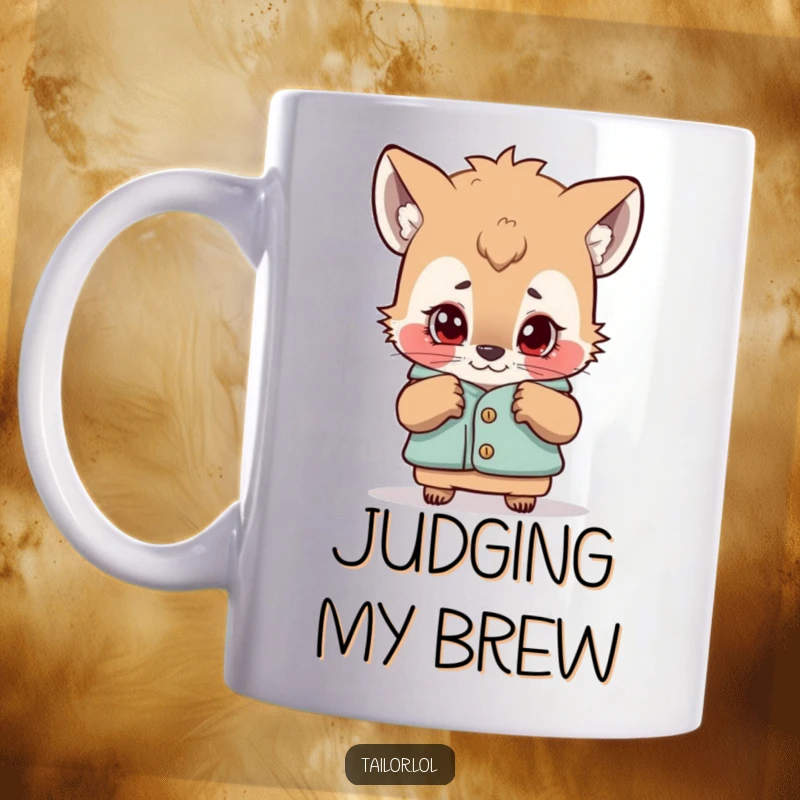 Funny mug featuring a curious animal character closely examining a garment with a critical eye, perfect for fashion critiques.