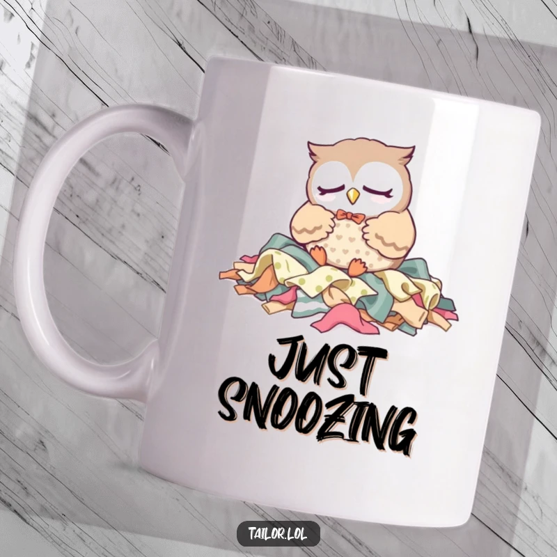 Funny Mug: A sleepy Kawaii owl tailor character is dozing peacefully on a pile of colorful fabric scraps, looking utterly relaxed.