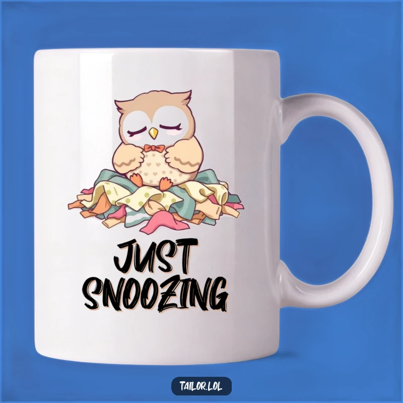 Funny Owl Tailor Mug: Sleepy Character Dozing on Fabric, Perfect Gift