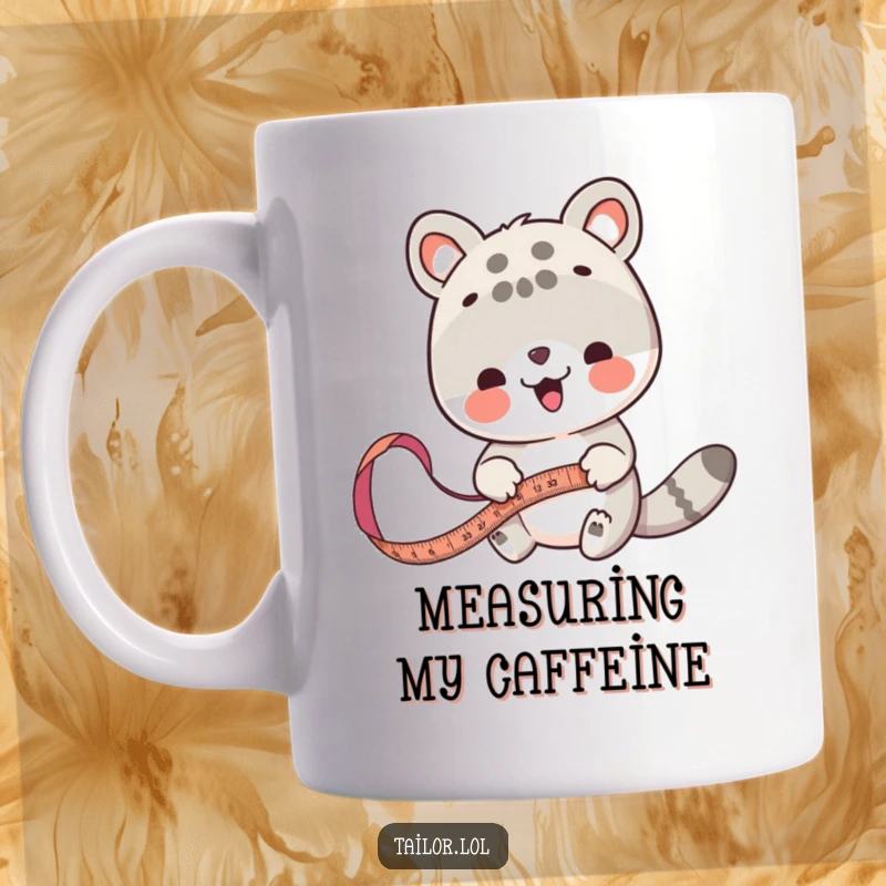 Funny animal measurer mug, a cute creature precisely measuring fabric with a large tape measure, showing focus.