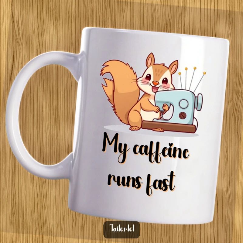 Funny Mug: Cheerful squirrel frantically operating a sewing machine with oversized needles, showcasing a love for speedy crafting.