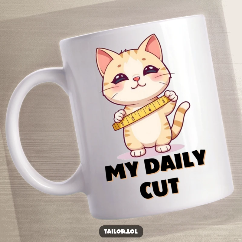 Funny mug featuring a cute cat happily measuring fabric with a tape measure, perfect for crafters and cat lovers.