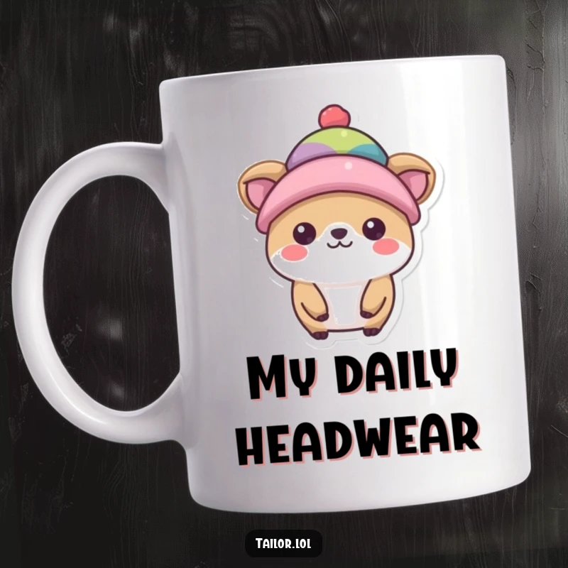 Funny hat model mug, a happy animal proudly sporting a tiny, colorful hat, embracing style and joy.