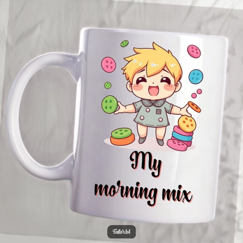 Funny character comically juggling a pile of colorful buttons with impressive agility, a humorous mug.