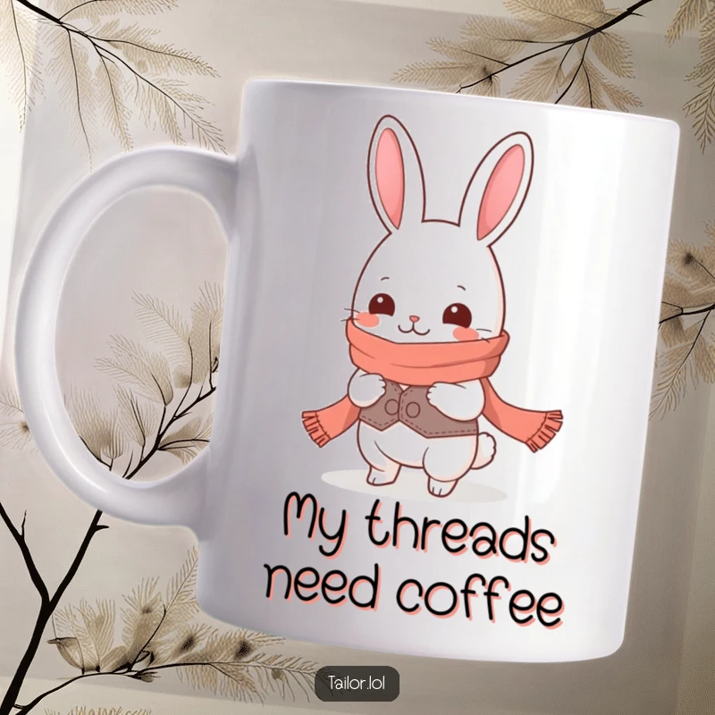 Funny Kawaii rabbit tailor character giggling while measuring an impossibly long scarf, perfect for sewing enthusiasts and gift-givers.