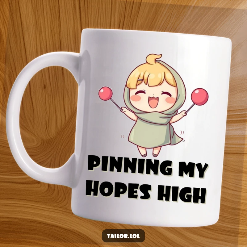 Funny mug showing a happy character pinning fabric with a comically large pin, perfect for quilters and sewers. A humorous gift.