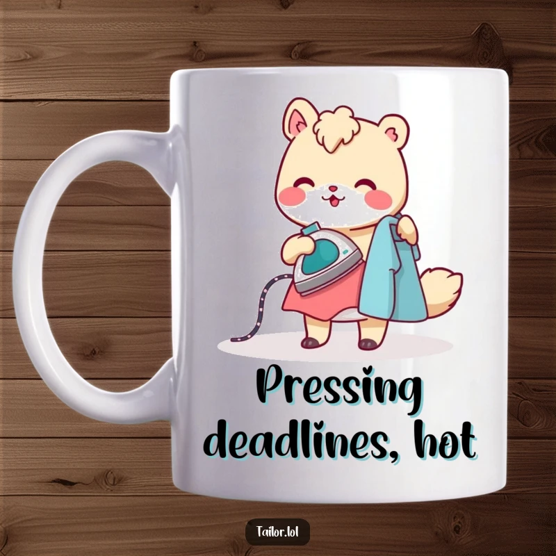 Funny mug featuring a cheerful animal character meticulously ironing clothes with a tiny, steaming iron, adding humor to chores.