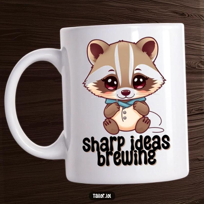 Funny Kawaii badger tailor character curiously examining a needle and thread with wide eyes, great for sewers, funny gift.