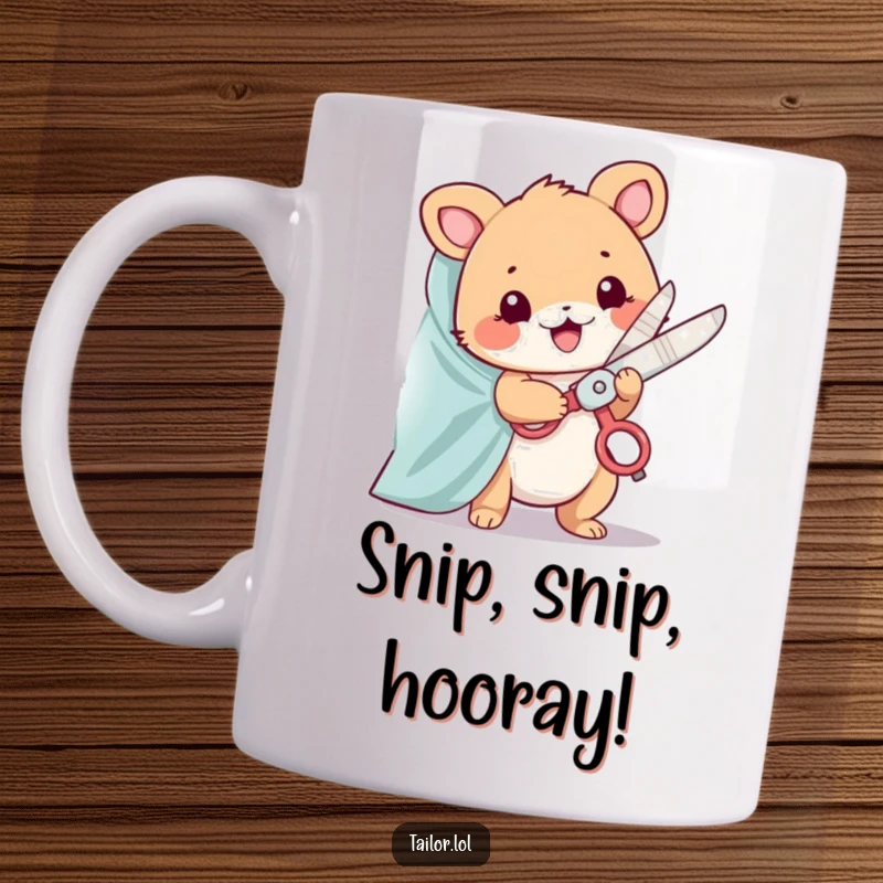 Funny mug with a cute animal character happily snipping fabric with oversized, sparkling scissors, celebrating crafting.
