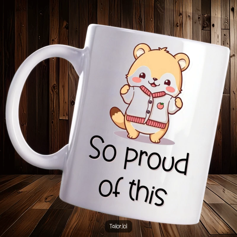 Funny Proud Crafter Mug: A cute animal character proudly displaying a finished tiny garment, beaming with accomplishment. Great for sewers and crafters.